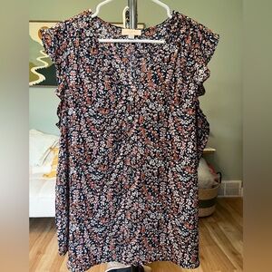 LOFT Navy Floral Cap-Sleeve Blouse with Pink & Rust Flowers